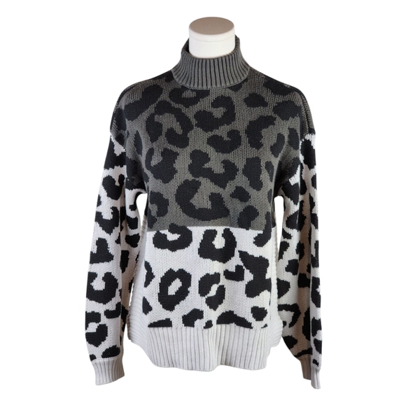 Nine West Leopard Print Colorblock Sweater L Gray Black White Mock Neck - Picture 1 of 9